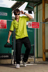Unisex Lime Green Textured Oversized Fit Resort Cuban Collar Korean Shirt