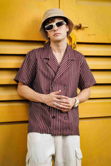 Unisex Brown Stripe Textured Oversized Fit Resort Cuban Collar Korean Shirt