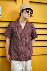 Unisex Brown Stripe Textured Oversized Fit Resort Cuban Collar Korean Shirt