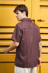 Unisex Brown Stripe Textured Oversized Fit Resort Cuban Collar Korean Shirt