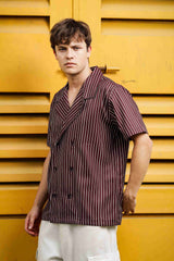 Unisex Brown Stripe Textured Oversized Fit Resort Cuban Collar Korean Shirt