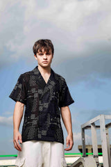 Unisex Black Linen Embroidered Oversized Fit Resort Cuban Collar Korean Shirt