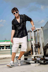 Unisex Black Linen Embroidered Oversized Fit Resort Cuban Collar Korean Shirt
