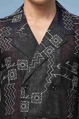 Unisex Black Linen Embroidered Oversized Fit Resort Cuban Collar Korean Shirt