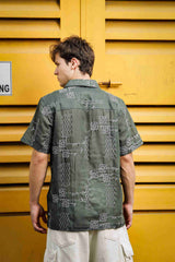 Unisex Olive Linen Embroidered Oversized Fit Resort Cuban Collar Korean Shirt