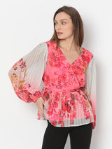 Women's Pink Floral Ombre Pleated Top