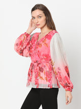 Women's Pink Floral Ombre Pleated Top