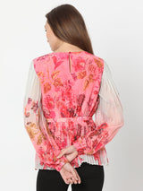 Women's Pink Floral Ombre Pleated Top