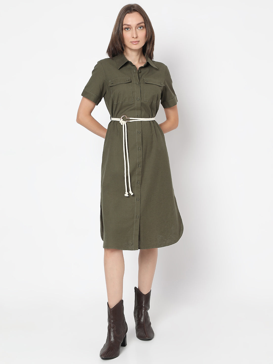 Women's Green Cotton Shirt Dress