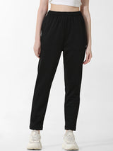 Women's Black Knitted Casual Solid Regular Fit Pant