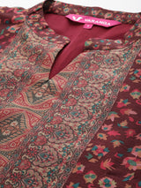 Women's Brown Printed Straight Kurta Paired With Solid Bottom And Printed Dupatta