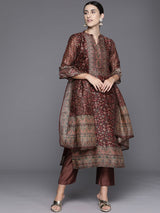 Women's Brown Printed Straight Kurta Paired With Solid Bottom And Printed Dupatta
