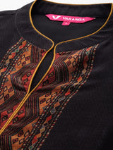 Women's Black Printed Straight Kurta Paired With Solid Bottom And Printed Dupatta