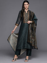 Women's Grey Floral Printed Straight Kurta Paired With Solid Bottom And Printed Dupatta Vskd31918