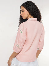 Women's Pink Party Floral Three Quarter Sleeves Shirt