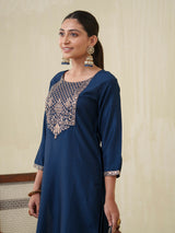 Women's Navy Fusion Regular Fit Embroidered Three Quarter Sleeves Kurtas Sets