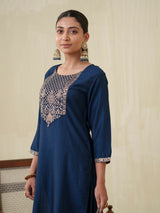 Women's Navy Fusion Regular Fit Embroidered Three Quarter Sleeves Kurtas Sets