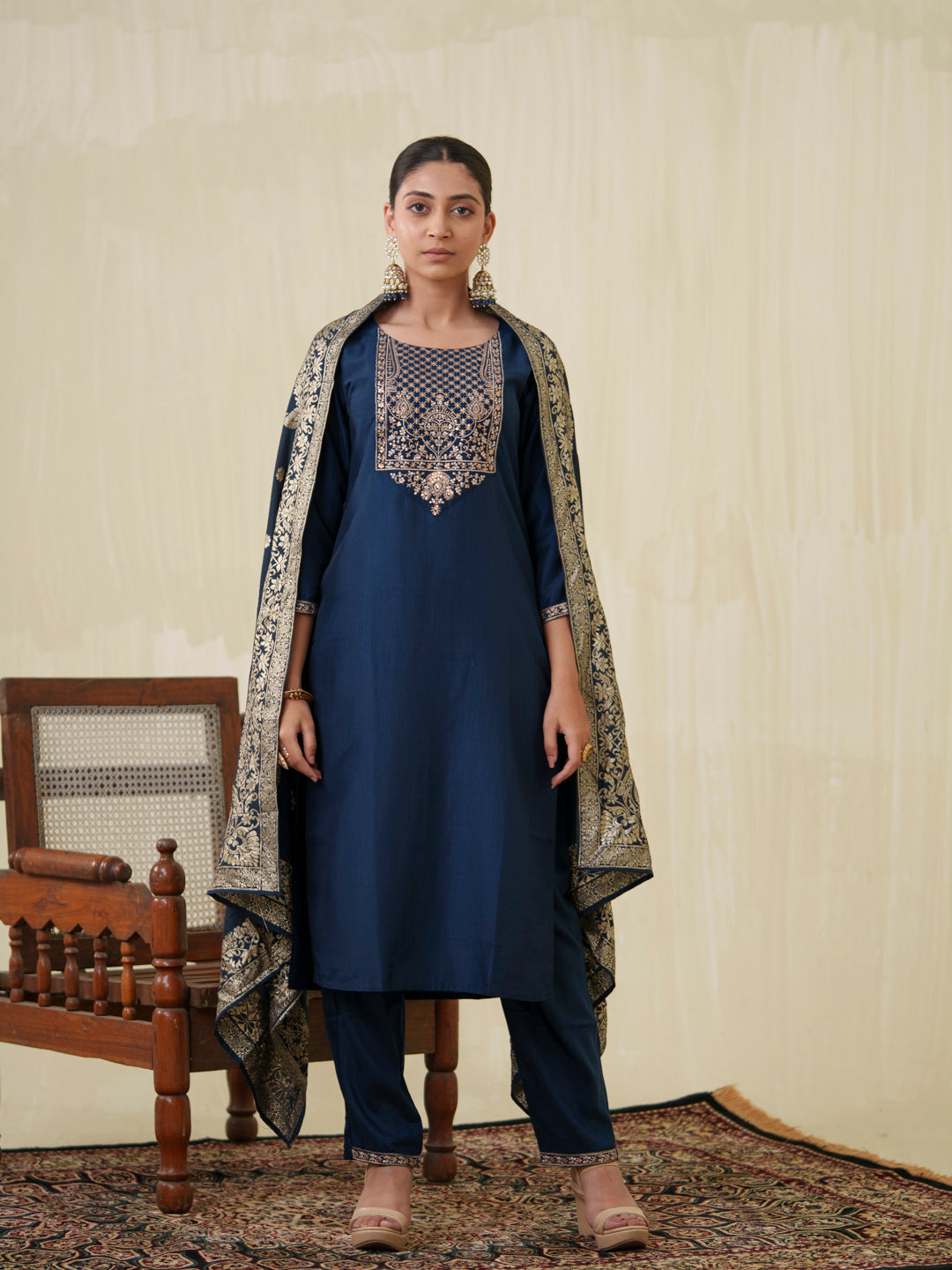 Women's Navy Fusion Regular Fit Embroidered Three Quarter Sleeves Kurtas Sets