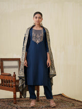 Women's Navy Fusion Regular Fit Embroidered Three Quarter Sleeves Kurtas Sets