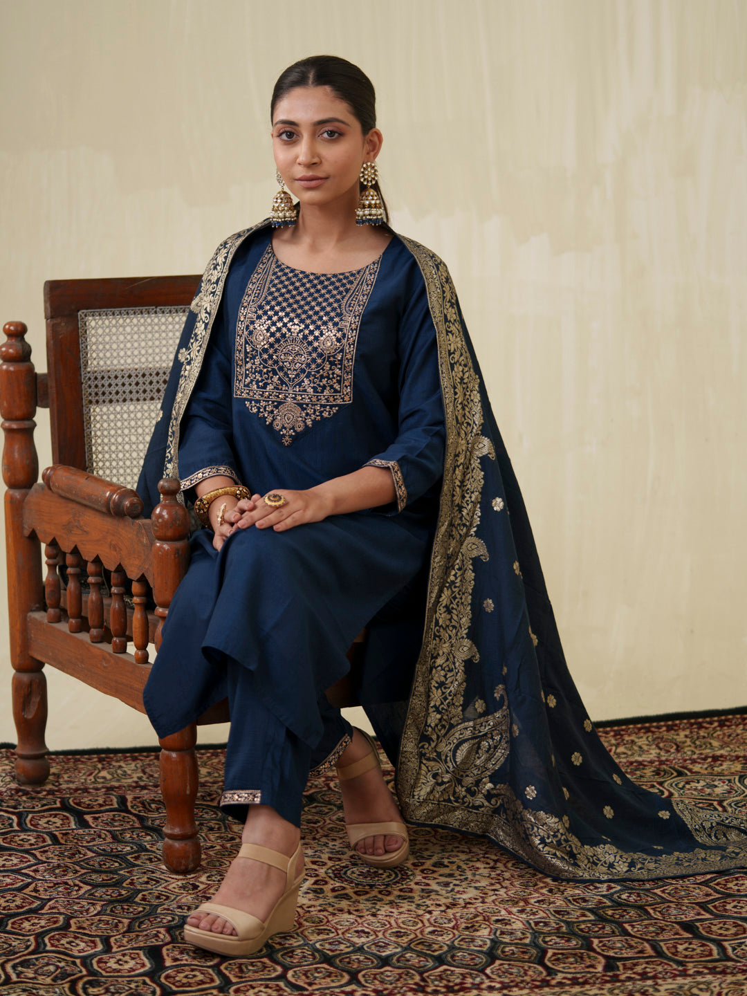 Women's Navy Fusion Regular Fit Embroidered Three Quarter Sleeves Kurtas Sets