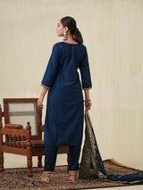 Women's Navy Fusion Regular Fit Embroidered Three Quarter Sleeves Kurtas Sets