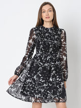 Women's Black Printed Sheer Dress