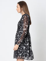Women's Black Printed Sheer Dress