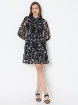 Women's Black Printed Sheer Dress