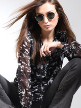 Women's Black Printed Sheer Top