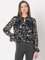 Women's Black Printed Sheer Top