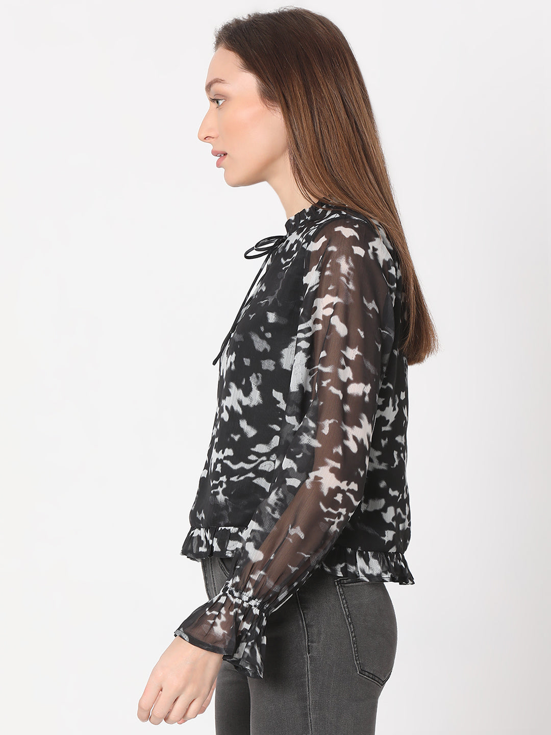 Women's Black Printed Sheer Top