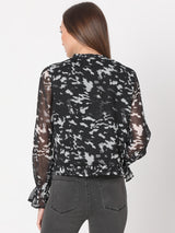 Women's Black Printed Sheer Top