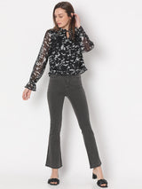 Women's Black Printed Sheer Top