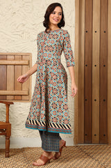 Women's Geometric Printed Metallic Embroidered Cotton Flared Kurta