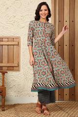 Women's Geometric Printed Metallic Embroidered Cotton Flared Kurta
