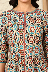 Women's Geometric Printed Metallic Embroidered Cotton Flared Kurta