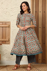 Women's Geometric Printed Metallic Embroidered Cotton Flared Kurta