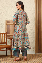 Women's Geometric Printed Metallic Embroidered Cotton Flared Kurta