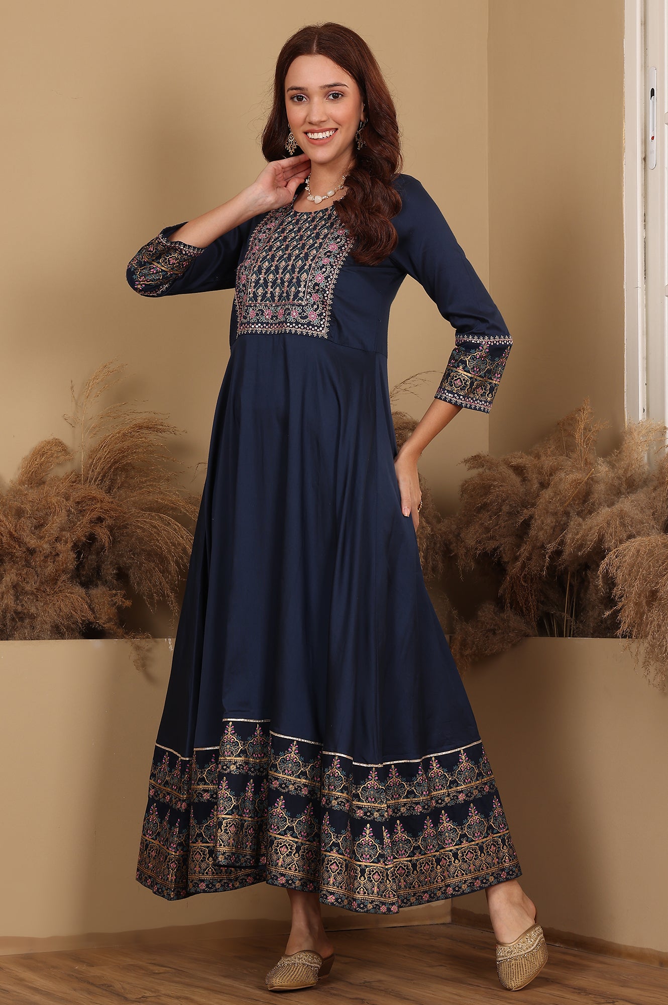 Women's Solid Embroidered Viscose Anarkali Dress