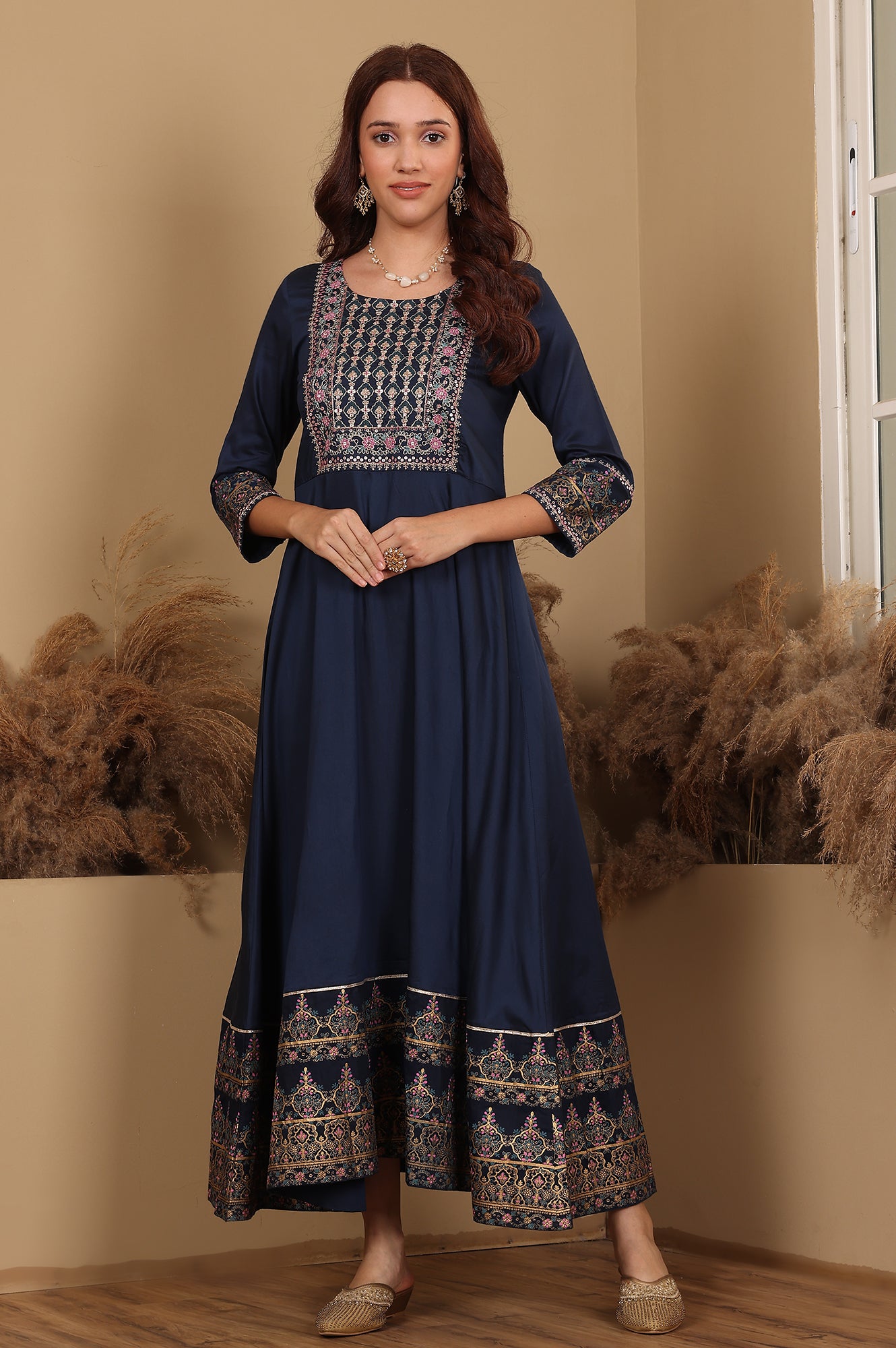 Women's Solid Embroidered Viscose Anarkali Dress