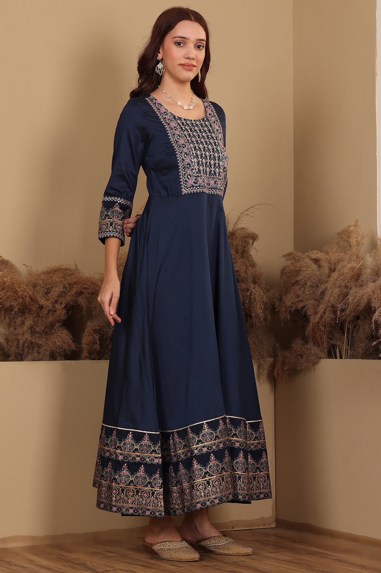 Women's Solid Embroidered Viscose Anarkali Dress