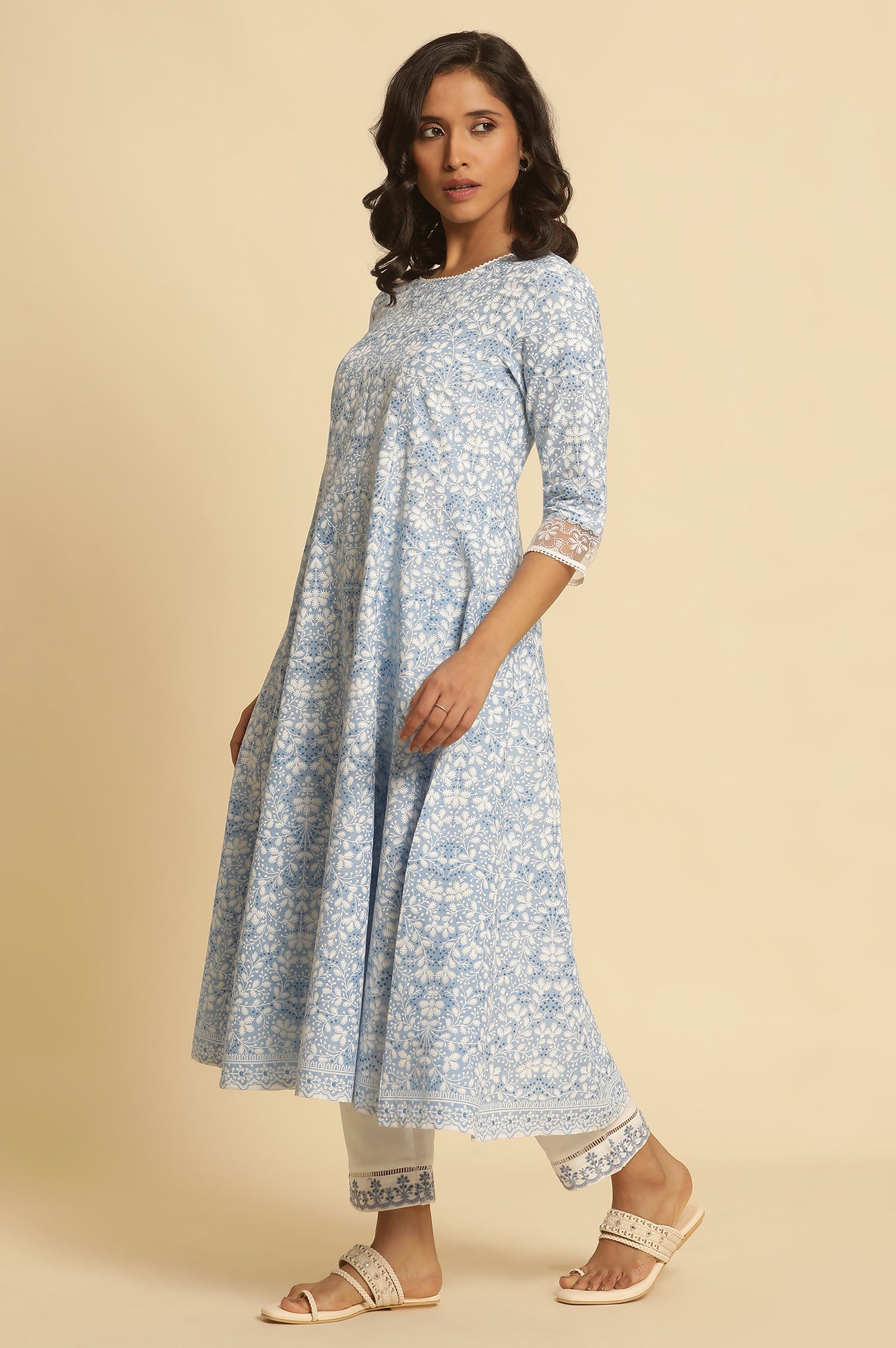 Women's Floral Printed Cotton Flared Kurta