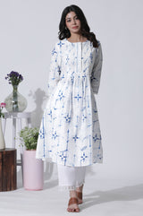 Women's White Floral Tie And Dye Printed Flared Cotton Kurta With Straight Pants