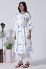 Women's White Floral Tie And Dye Printed Flared Cotton Kurta With Straight Pants