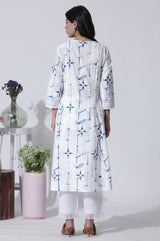 Women's White Floral Tie And Dye Printed Flared Cotton Kurta With Straight Pants