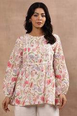 Women's Ecru Floral Printed Lace Trim Flared Cotton Top And Parallel Pant Set
