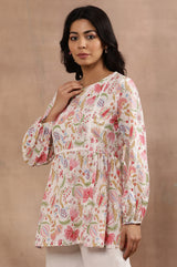 Women's Ecru Floral Printed Lace Trim Flared Cotton Top And Parallel Pant Set