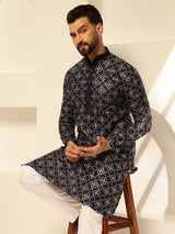 Men's Navy Cotton Silk Thread Embroidered Long Kurta with Golden Accents