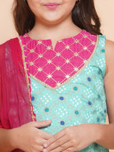 Girls Green Ethnic Printed Sleeveless Kurta and Sharara With Dupatta
