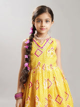Girls Yellow Ethnic Motifs Printed Anarkali Shape Kurta with Elasticated Waistband Sharara